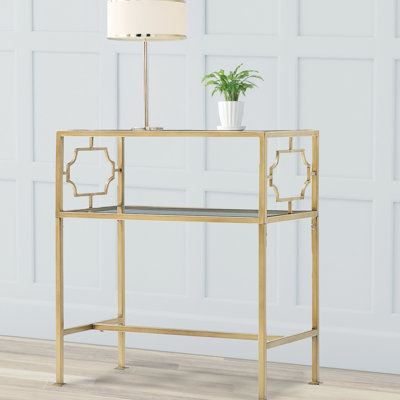 Table d'appoint rectangulaire antique en métal doré avec plateau et tablette en verre trempé transparent, châssis en H, patins de plancher, assemblage requis, 26 po de hauteur, 22,94 po de largeur