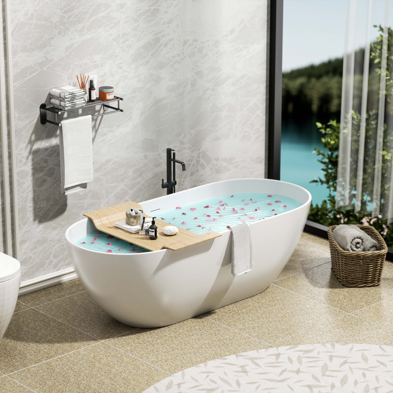 Baignoire autoportante à surface solide, baignoire autoportante en résine d'ingénierie de luxe avec trop-plein et bonde escamotable pour salle de bain contemporaine, blanc mat