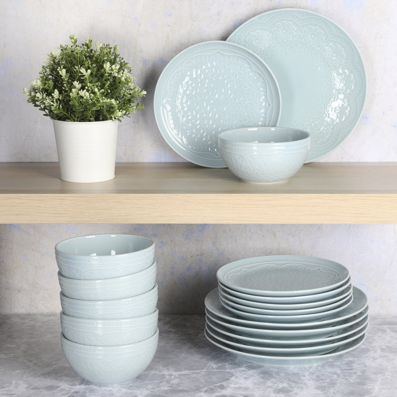 Aqua Floral Embossed Porcelain 18-Piece Dinnerware Set