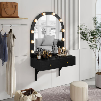 Meuble-lavabo mural flottant avec miroir à DEL 3 lumières de couleur, coiffeuse compacte avec prise de courant et recharge USB, grand meuble-lavabo peu encombrant pour salle de bain