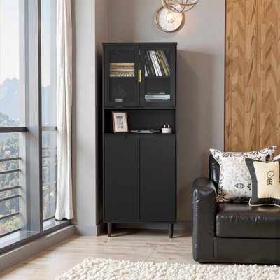 Black Tall Storage Cabinet with Tempered Glass Doors, 4-Door MDF Bookcase with Adjustable Shelves for Living Room, Bedroom, Office - Modern Display Cabinet and Organizer