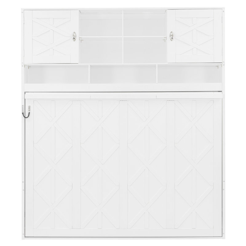 Grand lit escamotable mural avec grand espace de rangement et rayures losangées, blanc