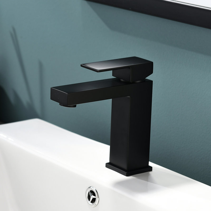 Robinet de salle de bain moderne noir - un trou avec poignée à valve géométrique et surface à empreinte digitale