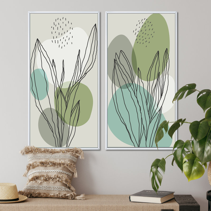 «Green Botanical Abstract Leaves I», ensemble de 2 peintures, H 20 po x l 24 po x P 1 po, Cadre blanc