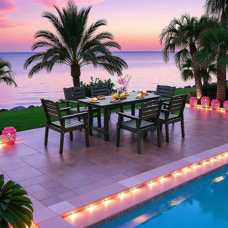 Ensemble repas d'extérieur Hdpe avec 6 chaises, trou pour parasol, imperméable et durable, Noir