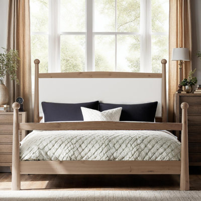 Elegant Platform Bed, Tapered Cone Posts and Boucle Headboard for Timeless Bedrooms 