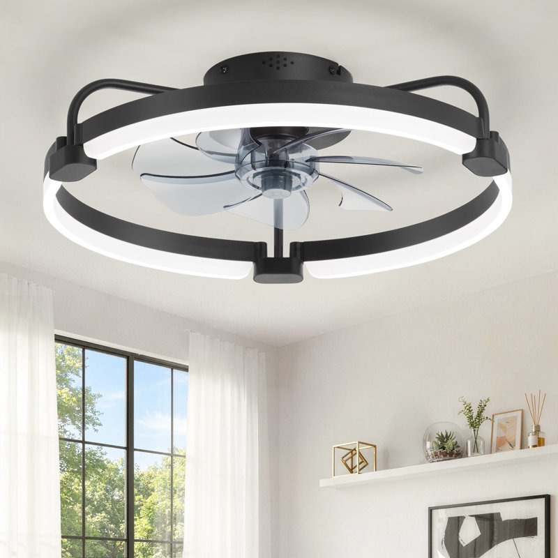  Cissline 20" Modern Black Flush-mount Ceiling Fan Light With Curved Led Frame For Bedroom & Living Spaces