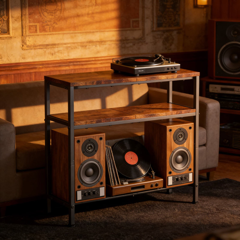 Console industrielle avec rangement, tablette ouverte à 3 niveaux pour l'entrée, le salon, le couloir et la chambre à coucher, finition rétro brun rustique
