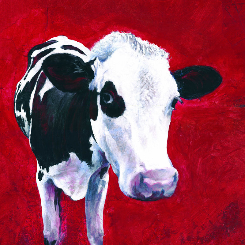Vache sur fond rouge - peinture sur toile tendue, H 12 po x l 12 po