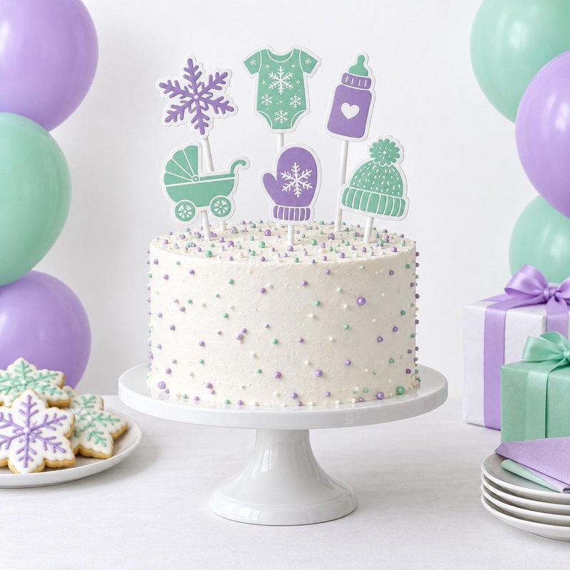Décorations de gâteaux en flocons de neige, grenouillères et bonnets violet menthe, pics à gâteau flocons de neige en carton pour fête prénatale
