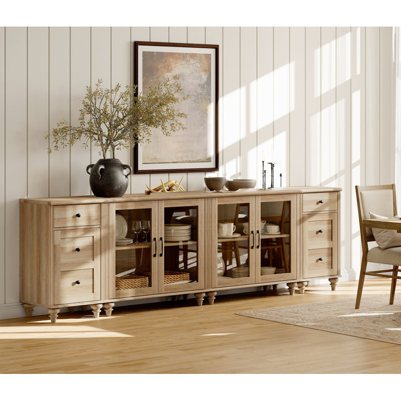 Buffet Scarlett avec 4 portes en verre et plusieurs tiroirs, Chêne