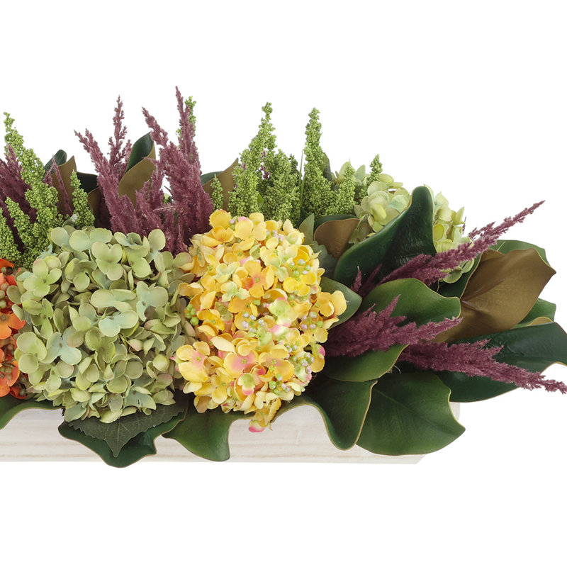 Hydrangea Fall Arrangement With Thistle And Heather In A Wood Bowl, White
