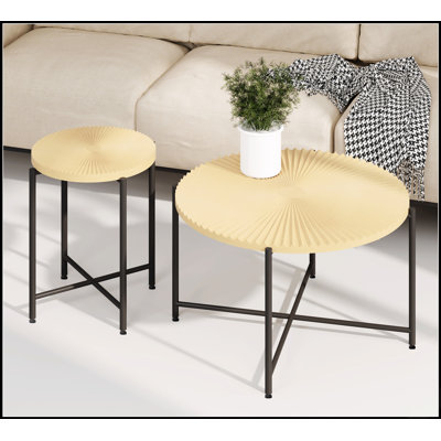 Ensemble de 2 tables basses et tables de bout à motif - Panneau de fibres à densité moyenne imperméable avec revêtement en PVC, conception cylindrique vieillie, pieds en métal noir - charme rustique classique, brun cèdre rouge