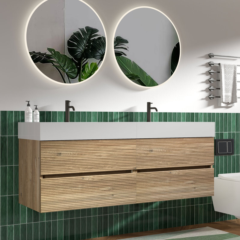 Meuble-lavabo mural avec surface solide et 4 tiroirs à fermeture en douceur, Chêne brut, 60", Blanc