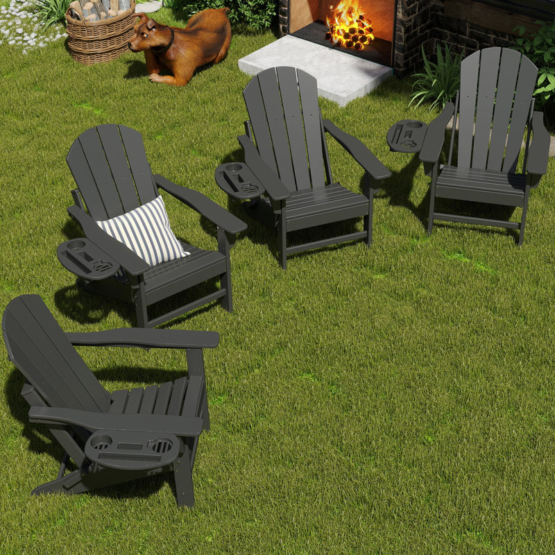  Cheryce HDPE Folding Adirondack Chair With Cup Holder, Gray