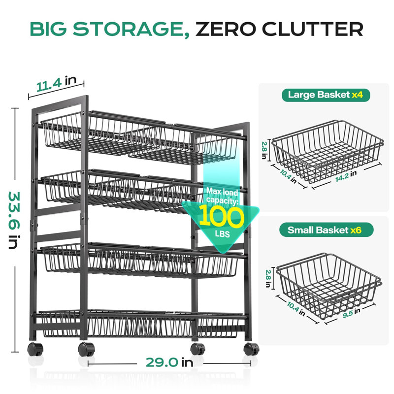 4-Tier Rolling Snack Cart With 10 Baskets, Kitchen Storage Organizer, Black