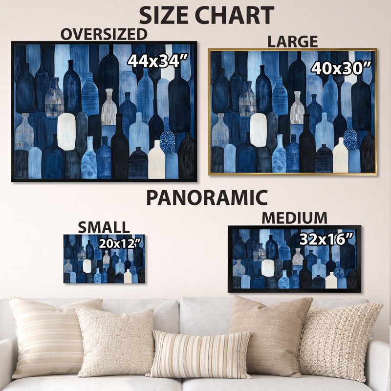 Rythme de la bouteille bleue - Nature morte sur toile, 30" H x 40" W, Cadre photo argenté