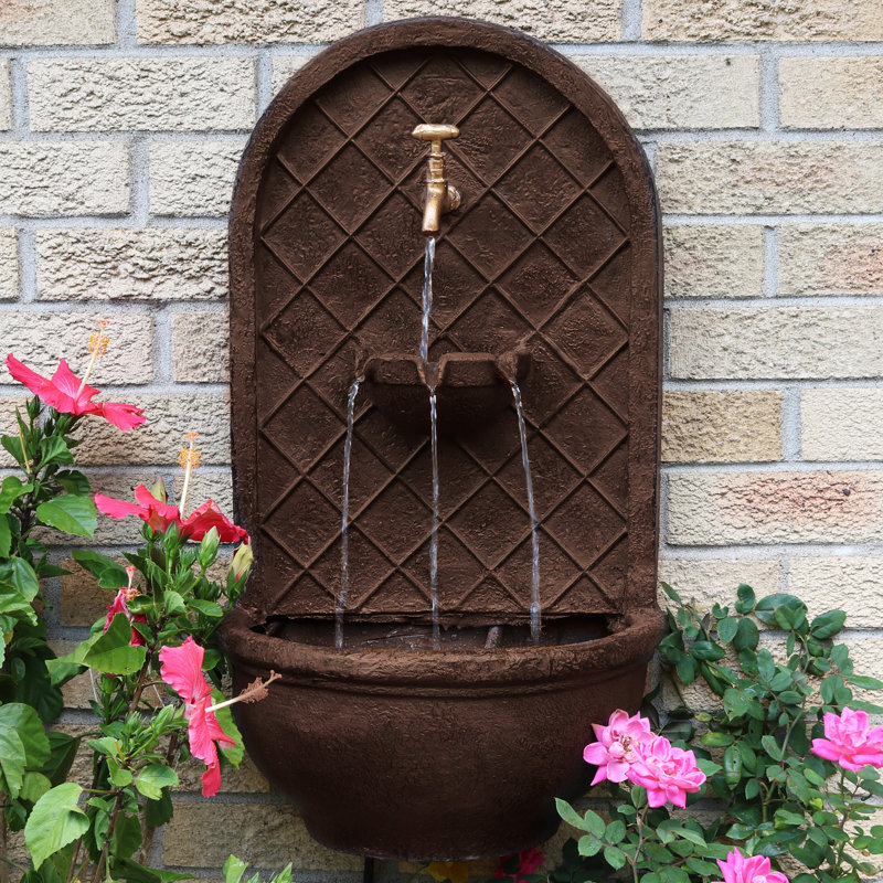 Lutterworth Weather-Resistant Polystone Solar Wall Water Fountain with Battery Backup - Bronze, Dark Brown