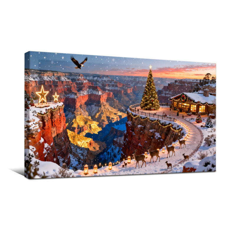 Christmas Christmas Canyon, paysage enneigé avec cerf et arbre, H 20 po x l 40 po