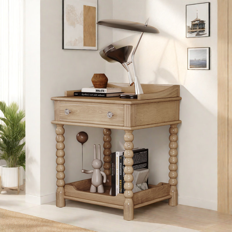 Retro Style Nightstand With 1 Drawer, An Open Shelf, Turned Legs And Metal Handles