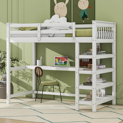 Lit mezzanine simple avec tablettes de rangement et bureau sous le lit