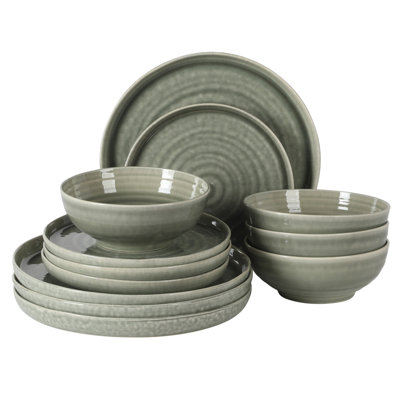 Gibson Elite Eclipse Swirls Plates and Bowls Sets, 12-Piece Stoneware Dinnerware Sets, Reactive Glaze Dish Set - Green