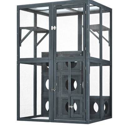 Enceinte pour chat gris avec portes - entrée et sortie faciles pour le refuge pour chats 7 boîtes en bois Le confort des chats