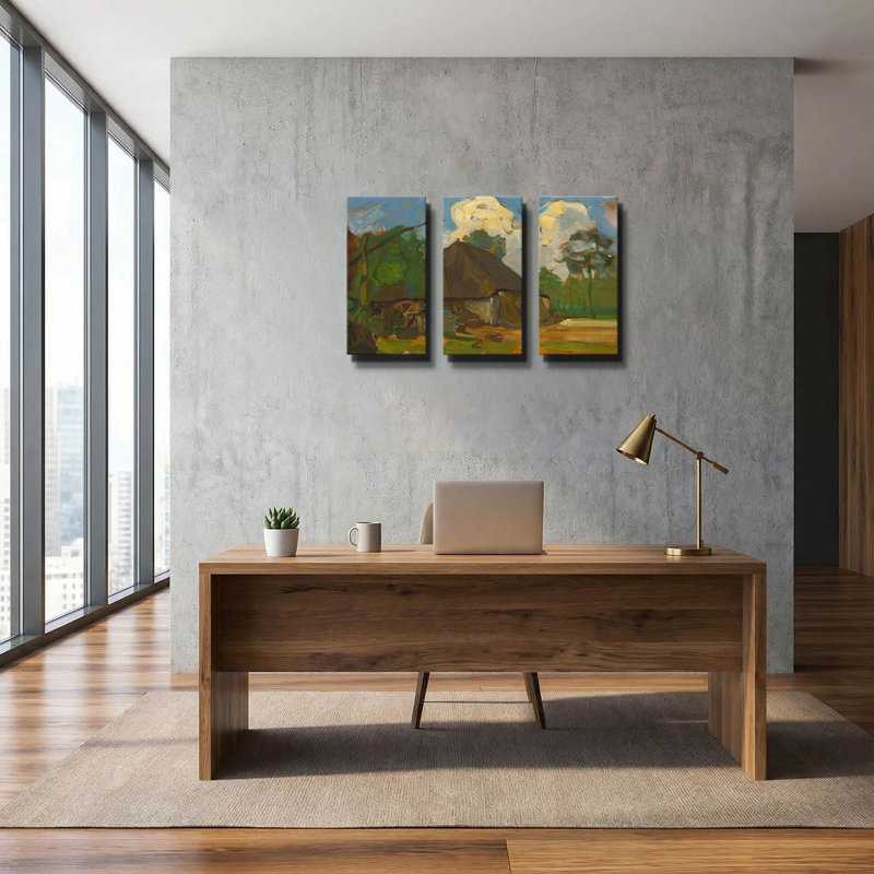 « Ferme avec puits à la lumière du jour, 1907 », triptyque mural de Piet Mondrian, 91,4 x 61 cm, 78 po x 34 po