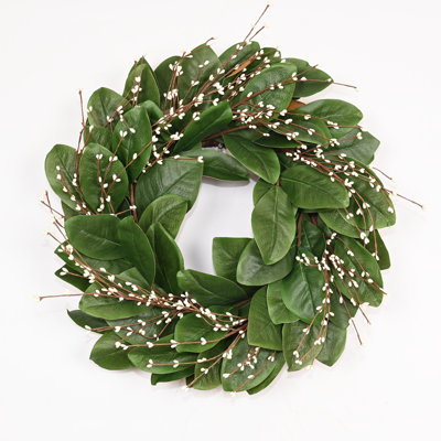 24" Artificial Farmhouse Magnolia Leaf Wreath Greenery Foliage Twig Berry Fall Winter Christmas Holiday Decor
