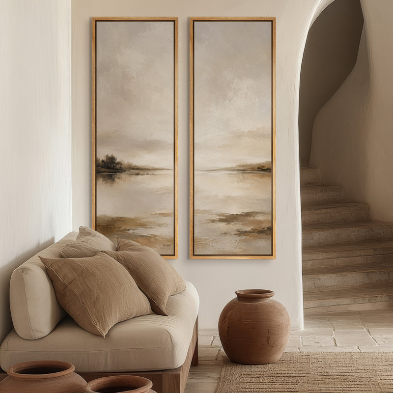 Paysage lacustre minimaliste beige chaud – Ensemble de 2 impressions d'art encadrées sur toile 60 po x 20 po x 2