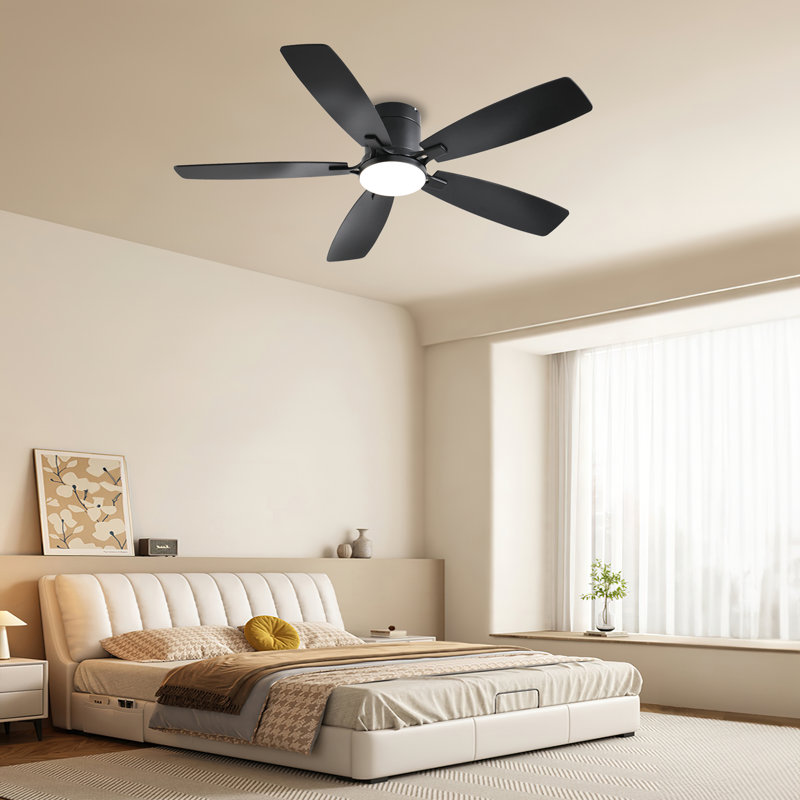 52 inch Ceiling Fans with Led Lights and Remote/app Control,Flush Mount,3CCT Dimmable, Reversible DC Motor, Noiseless, 5 Double-sided Black Ceiling Fan for Bedroom, Indoor/Covered Outdoor Use