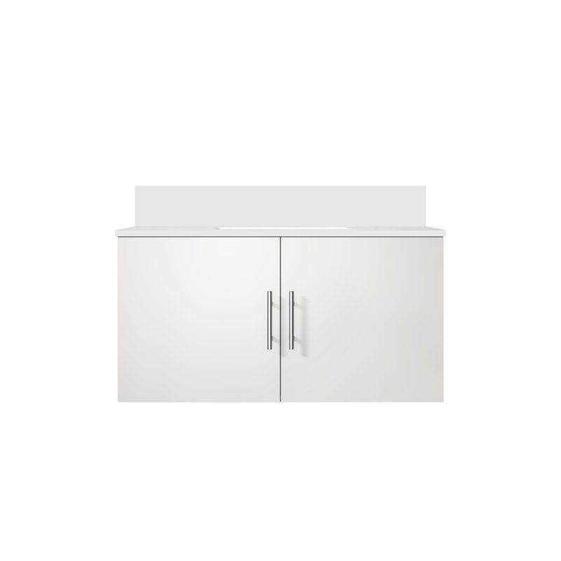 Meuble-lavabo simple 24 po avec plateau Geneva, Blanc lustré, Quartz blanc