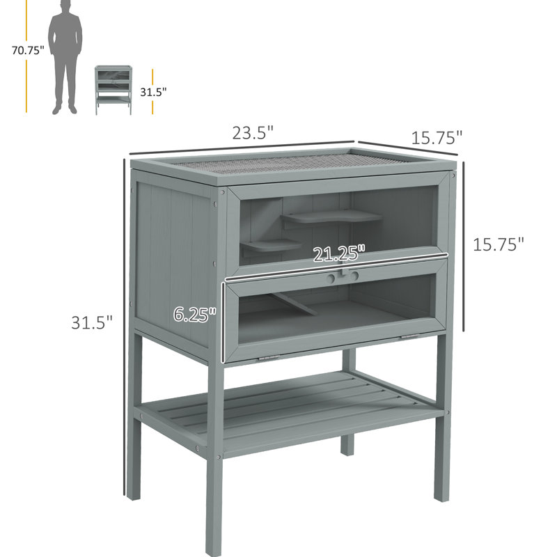 Cage grise pour petits animaux - avec plateau supérieur et porte avant pour faciliter le nettoyage 3 hamster gris, fabriqués en bois massif avec plusieurs plateformes