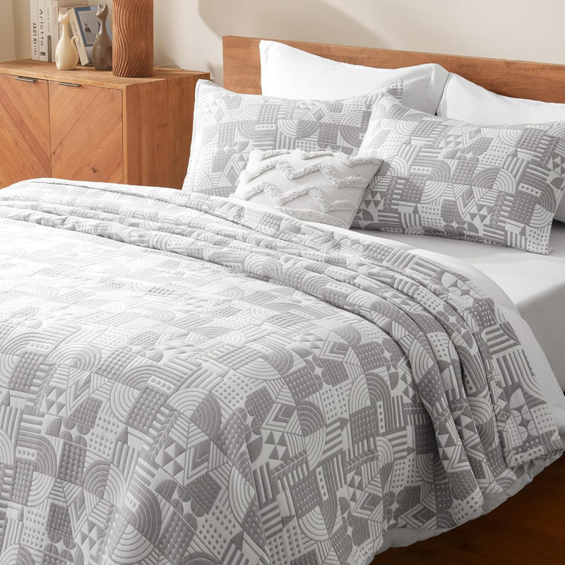 Ensemble de courtepointe en jacquard Tencel Lyocell, Motifs géométriques gris, Courtepointe simple et 1 taie décorative