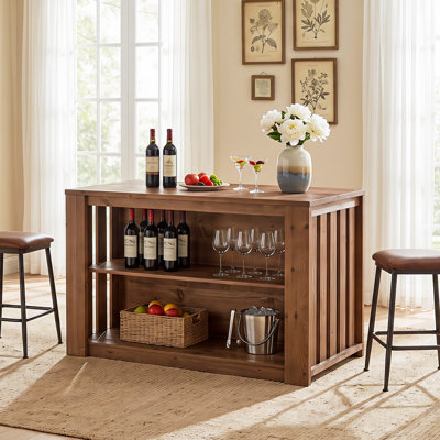 55.1" Solid Wood Bar Table with Storage and Seating Space, Farmhouse Coffee Bar Cabinet with Large Worktop and Side Slatted Design