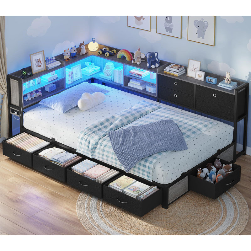 Twin Daybed With Charging Station, Corner Bed Frame With Led Lights 8 Storage Drawers And Bookcase, Black, Black