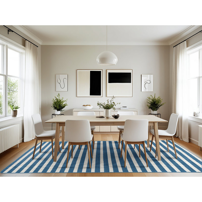 Machine Washable Horizontal Stripes Blue Area Rug, Rectangle 7' x 10'