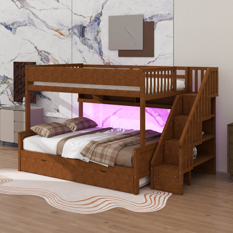 Space-Saving Bunk Bed With Trundle And Storage Stairs, Wooden Bunk Bed With LED Lights & Shelves, Walnut