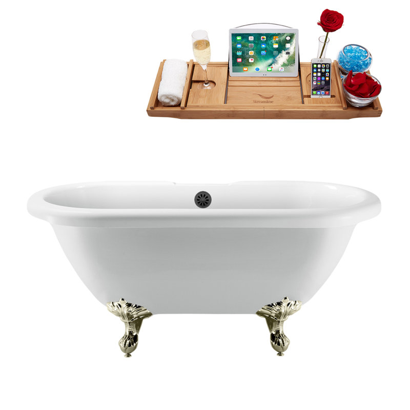 67" Streamline Clawfoot Soaking Acrylic Bathtub With Drain, Clawfeet, and Bamboo Tray, Brushed Nickel, Matte Pink