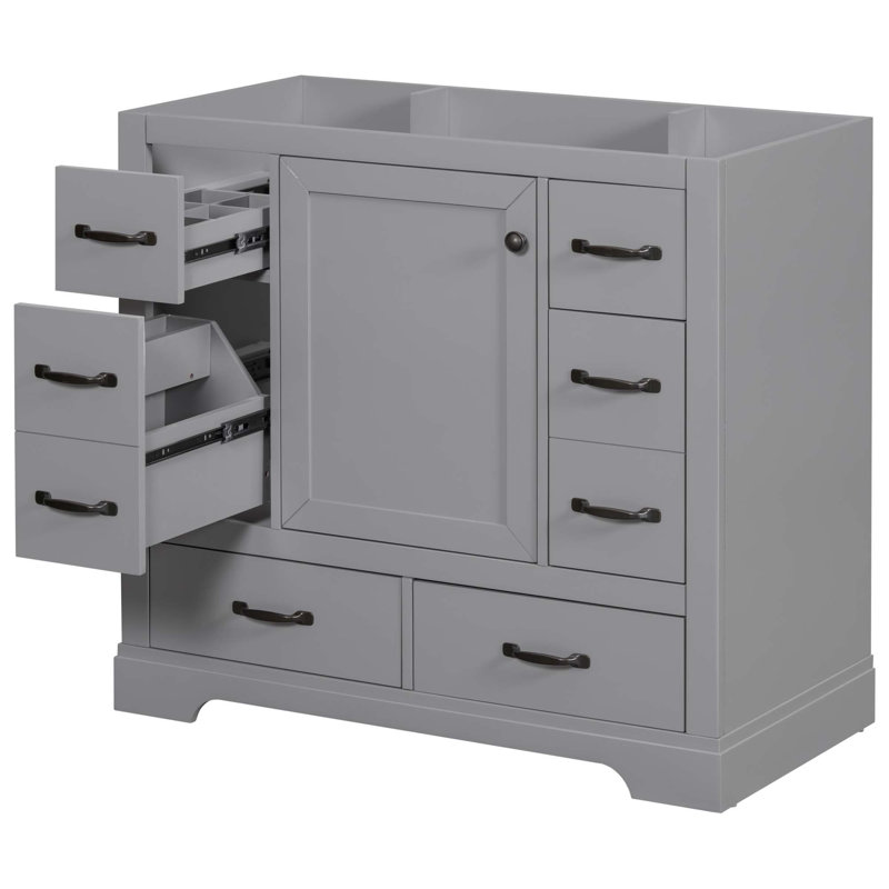 Meuble-lavabo 36 po sans lavabo, base d'armoire seulement, six tiroirs, diviseur de tiroir multifonctionnel, tablette réglable