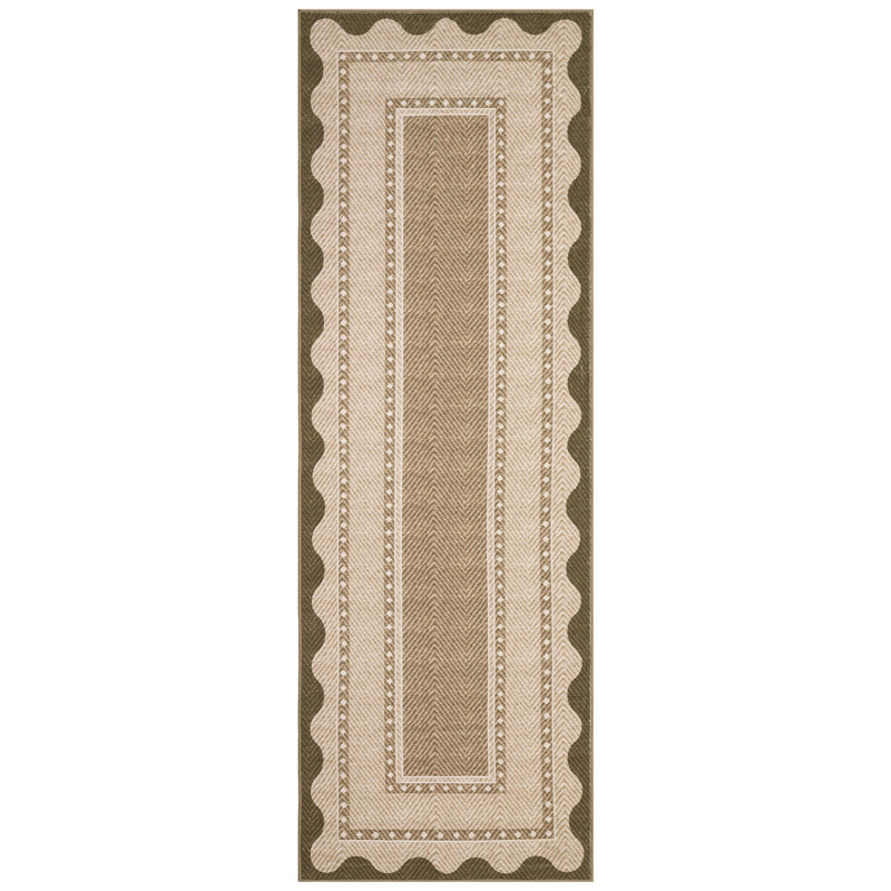 Modern Neutral Non Slip Washable Rugs, Contemporary Border Print Pattern Foldable Soft Carpet, Low Pile Floor Mat