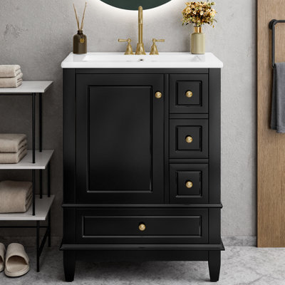 24" Bathroom Vanity with Sink and Drawers, Freestanding MDF & Solid Wood Cabinet, Ceramic Top, 3 Drawers & Side Cabinet with Shelves, Gray Blue Painted Finish for Small Bathrooms