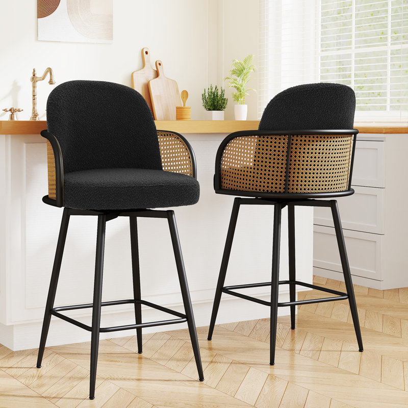 26" Mid-Century Modern Swivel Boucle Upholstered Cane Back Bar Stool with Metal Leg Frame, Black, 3