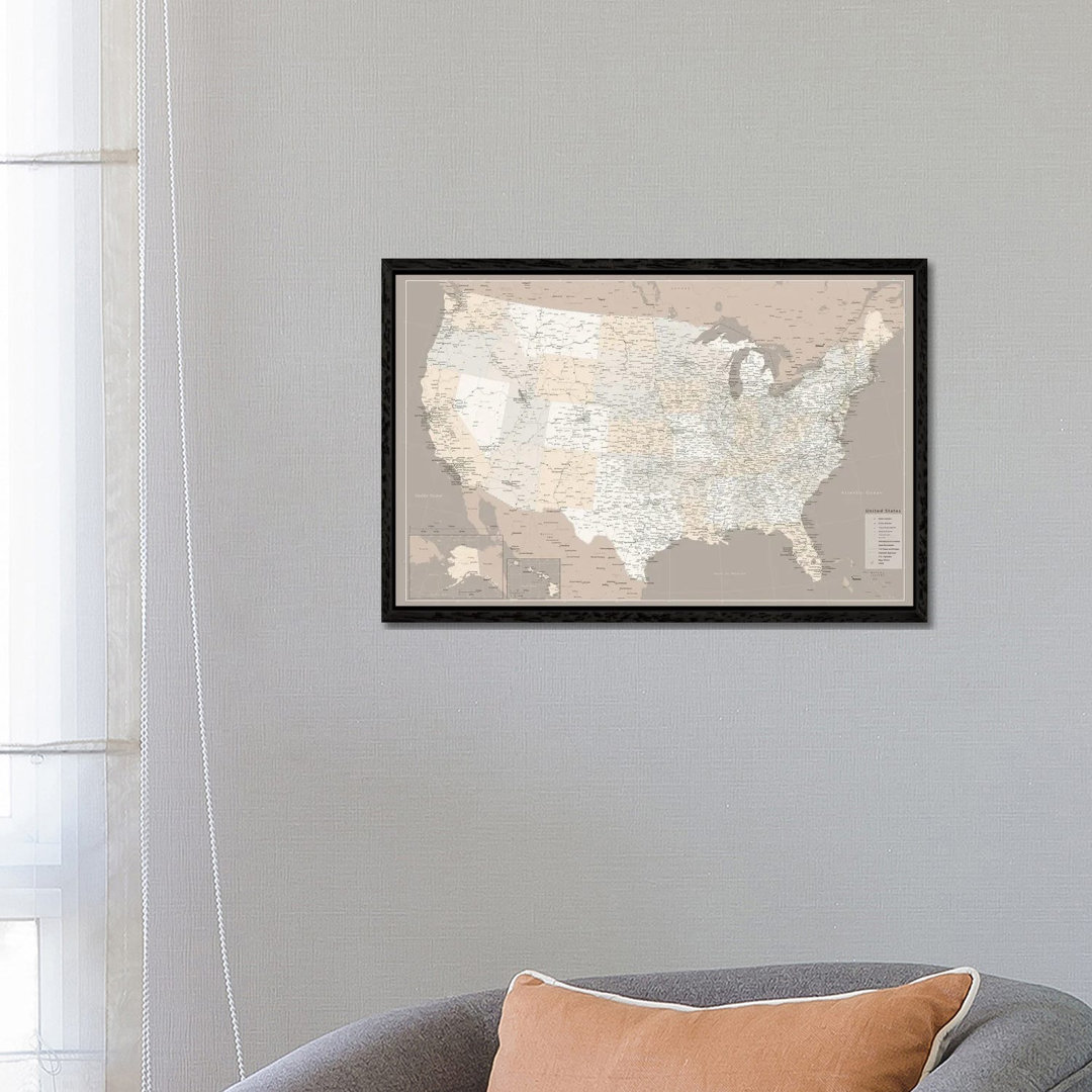 Highly Detailed Map Of The Us With Roads In Brown by Blursbyai - Galerie Giclée auf Leinwand