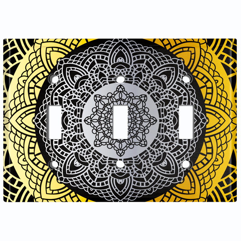 Yellow Black Mandala Circle Patterned 3 - Gang Toggle Light Switch Standard Wall Plate