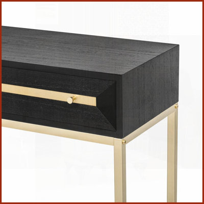 Table basse rétro géométrique noire avec 2 tiroirs, rangement peu encombrant et amp; Accents dorés pour le vestibule / salon