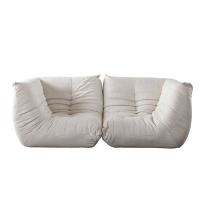 Ezee 2Pc Modular Loveseat Sofa Set, Low Profile Floor Seating Cream Pleated Polyester