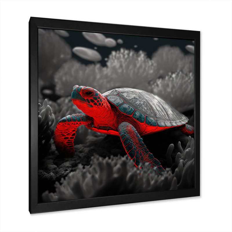 «Black and Red Deep Sea Turtle IV», reproduction sur toile, H 16 po x l 16 po x P 1 po, Impression noire sur toile encadrée