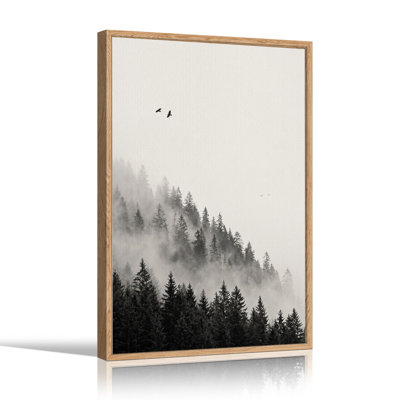Art mural noir et blanc forêt brumeuse avec oiseaux
