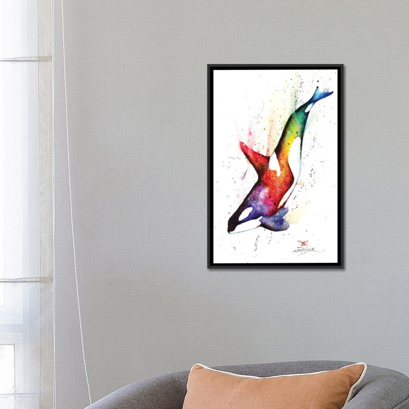 « orca », peinture sur toile tendue, H 26 po x l 18 po x P 1,5 po, Toile encadrée noire, Pas de tapis